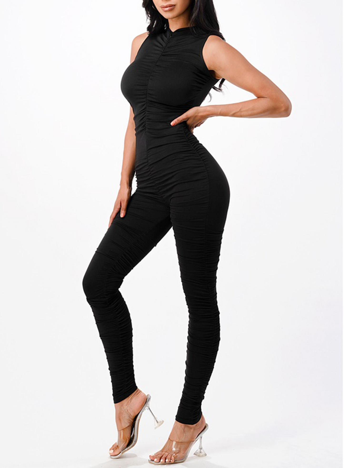 Mock Half Zip Ruching Jumpsuit